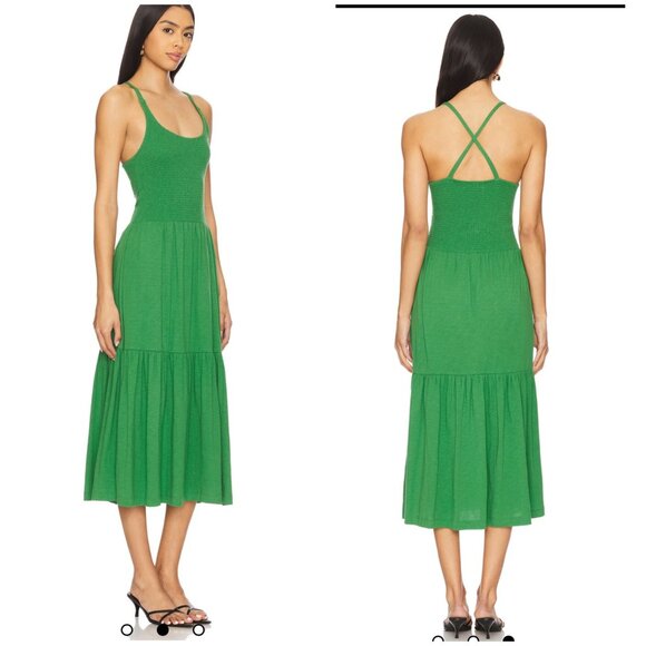 Nation LTD Penelope Cross Back Midi Dress Womens Large Green Smocked Tiered - Picture 2 of 16